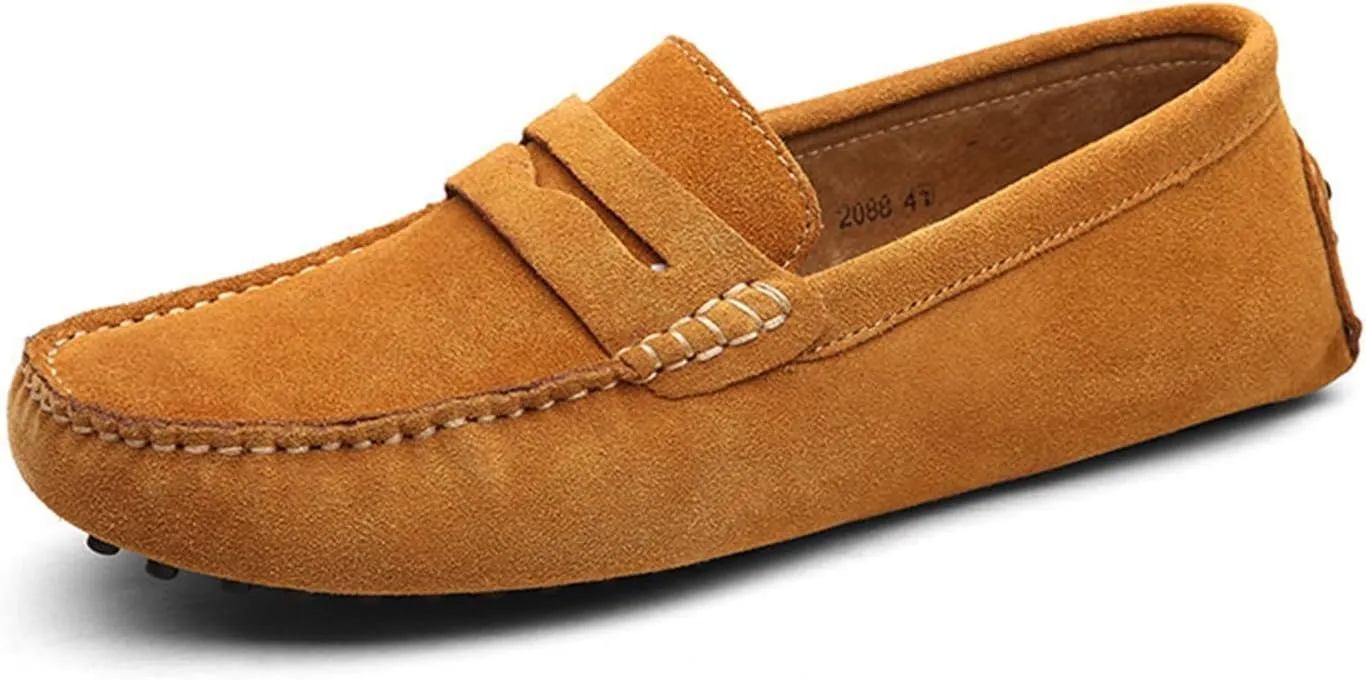New Mens Men's Loafers Genuine Leather Suede Vamp Penny Loafer Stitching Details Round Toe Anti-Slip Lightweight Flat Heel Walking Party Slip-ons